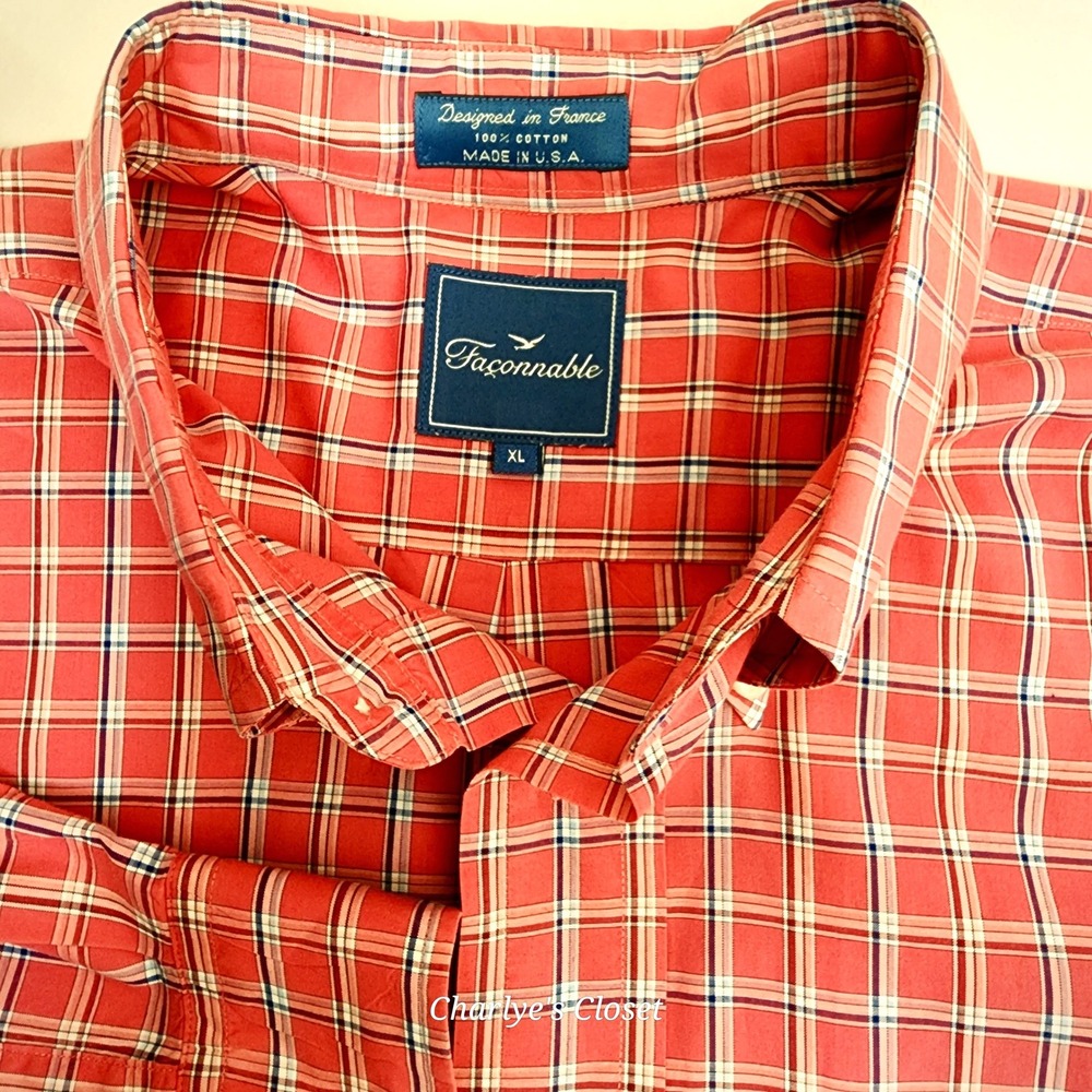 Faconnable Mens Button Down Shirt XL Pink Plaid Cotton Resortcore Made in USA - Picture 4 of 8